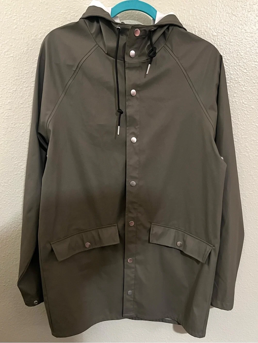 Men's Jack and Jones Hooded Olive Green Raincoat with Snap Front.